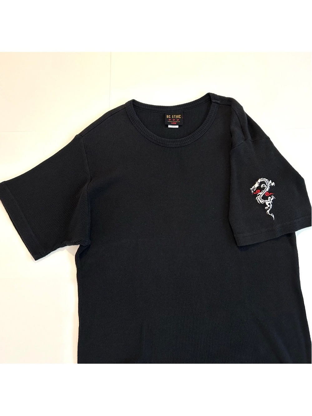 BC Ethic Dragon on Sleeve Ribbed Cotton Shirt - Size L - Short Sleeves - Mens